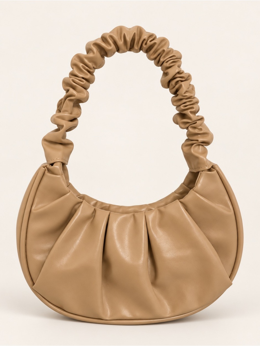 Ruched Crescent Mini Shoulder Bag in Tan